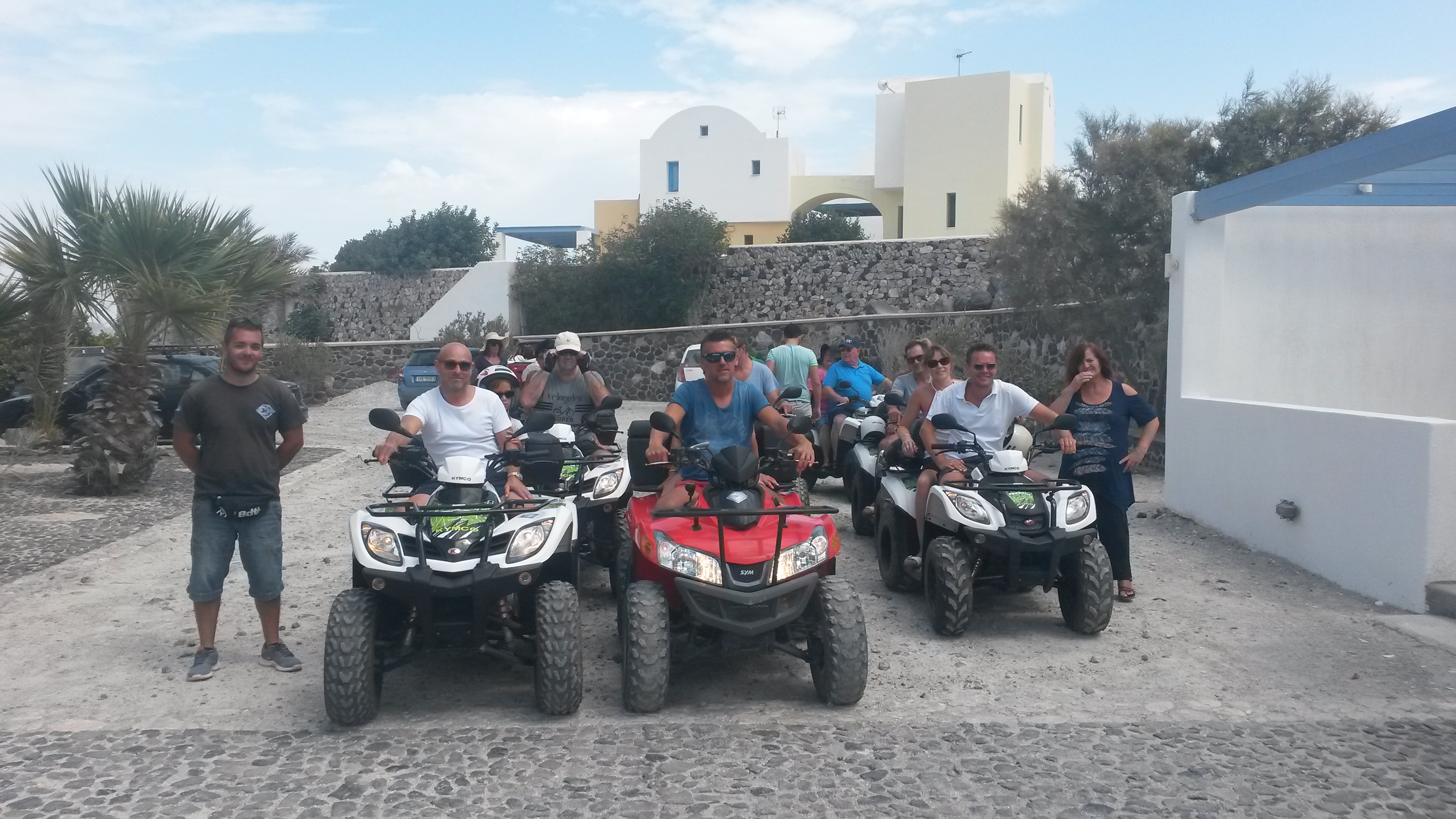 Group of riders ready to head out on Santorini ATVs
